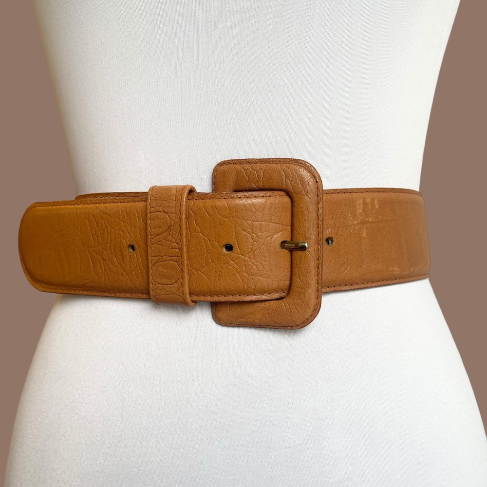 Wide Leather Belt Vintage Brown Croc Embossed Oversized Square Buckle Size S/M
